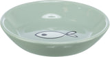 Graue Schale mit Fischsymbol im Inneren, rund und glatt, glänzende Oberfläche.