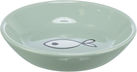Graue Schale mit Fischsymbol im Inneren, rund und glatt, glänzende Oberfläche.