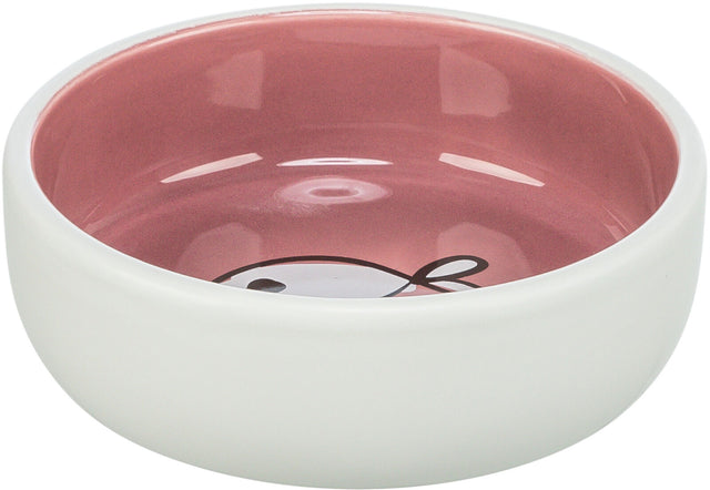 Weiße Keramikschale mit rosa Innenfläche und Fischmotiv am Boden.