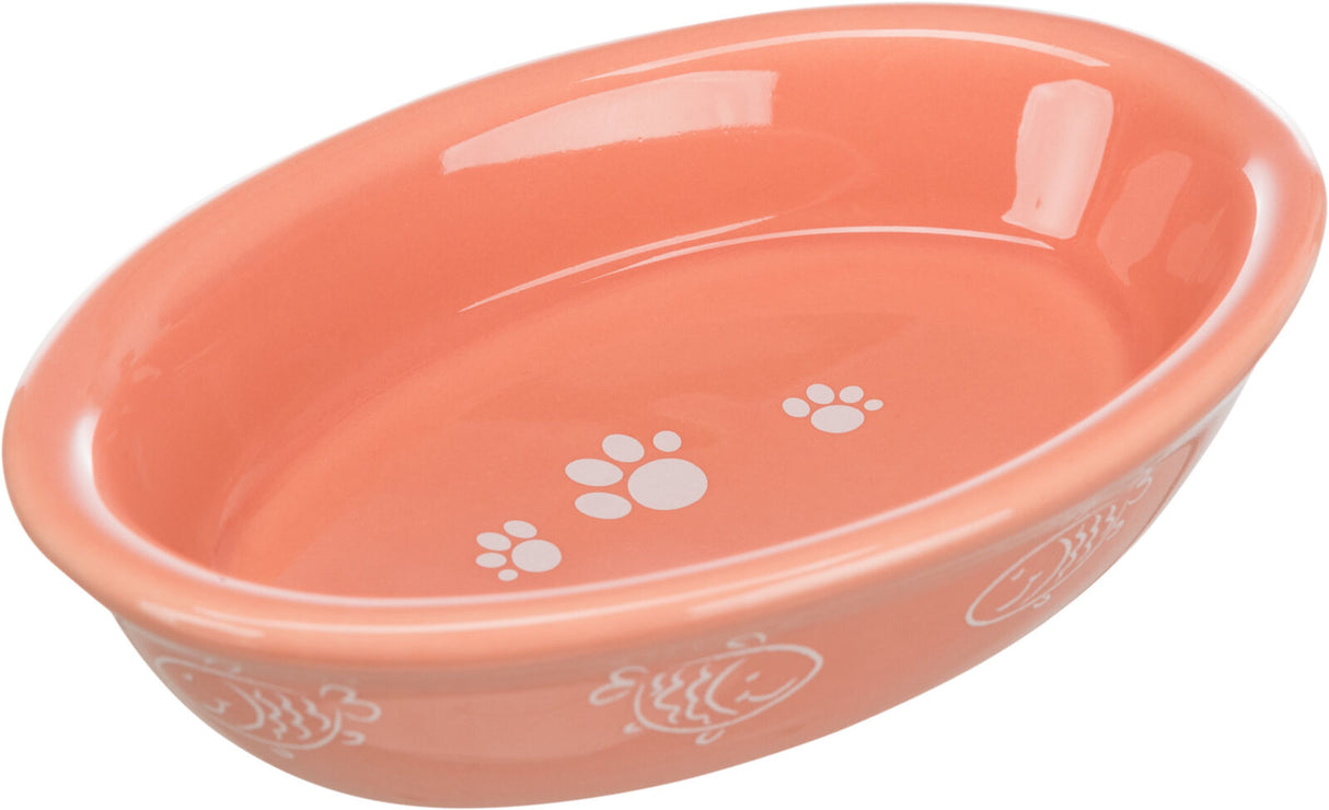 Ovale, orange Schale mit weißen Pfotenabdrücken und Fischzeichnungen auf der Außenseite.