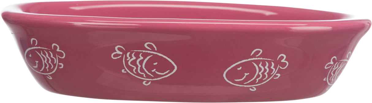 Rote Futterschale mit weißen Fischmotiven, ovale Form, glänzende Oberfläche.
