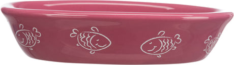 Rote Futterschale mit weißen Fischmotiven, ovale Form, glänzende Oberfläche.