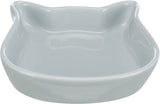 Graue, glänzende Schale in Katzenkopfform mit angedeuteten Ohren, schlichtes Design.