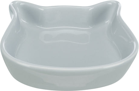 Graue, glänzende Schale in Katzenkopfform mit angedeuteten Ohren, schlichtes Design.