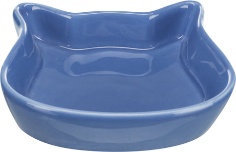 Blaue Schale in Katzenkopfform mit leicht erhöhtem Rand und glatter, glänzender Oberfläche.