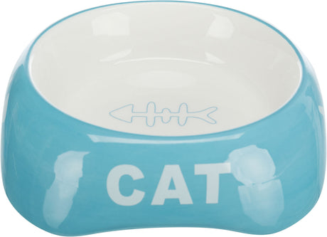 Blaue Katzenschale mit weißem Inneren, Fischgräten-Symbol innen und Aufschrift "CAT" außen.
