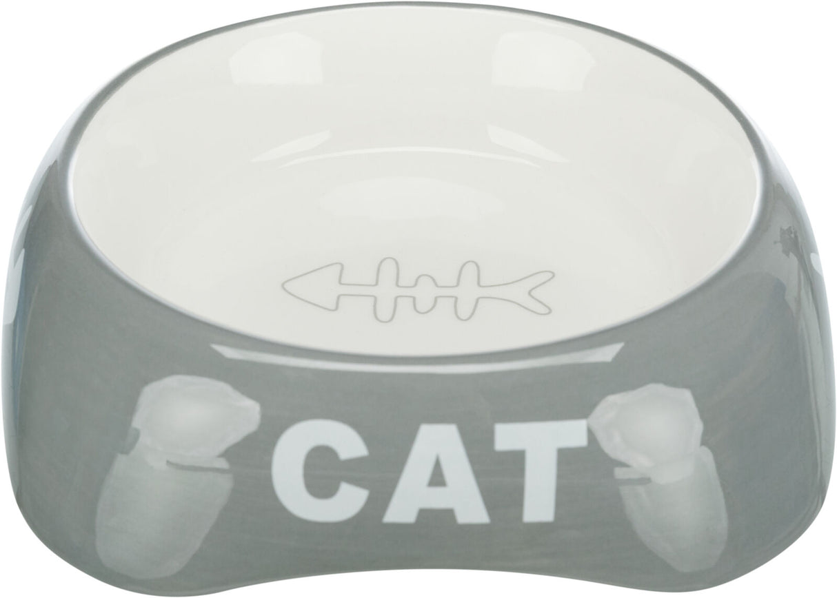 Grauer Napf mit weißem Innenbereich und Fischgrätenmotiv, Schriftzug "CAT" in Großbuchstaben.