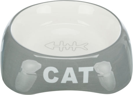 Grauer Napf mit weißem Innenbereich und Fischgrätenmotiv, Schriftzug "CAT" in Großbuchstaben.