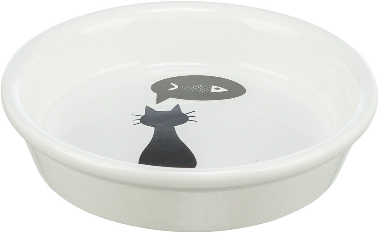 Weiße Schale mit schwarzer Katzen- und Fischgrafik im Inneren, schlichtes Design.