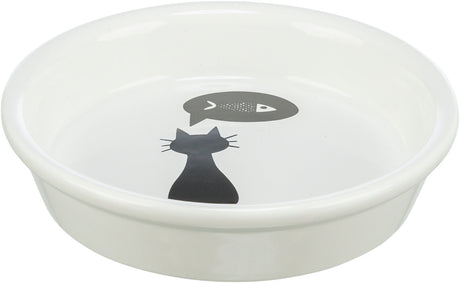 Weiße Schale mit schwarzer Katzen- und Fischgrafik im Inneren, schlichtes Design.