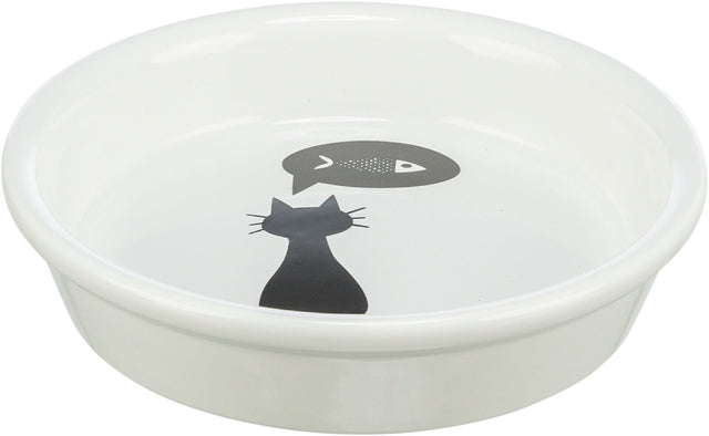 Weiße Schale mit schwarzer Katzen- und Fischgrafik im Inneren, schlichtes Design.