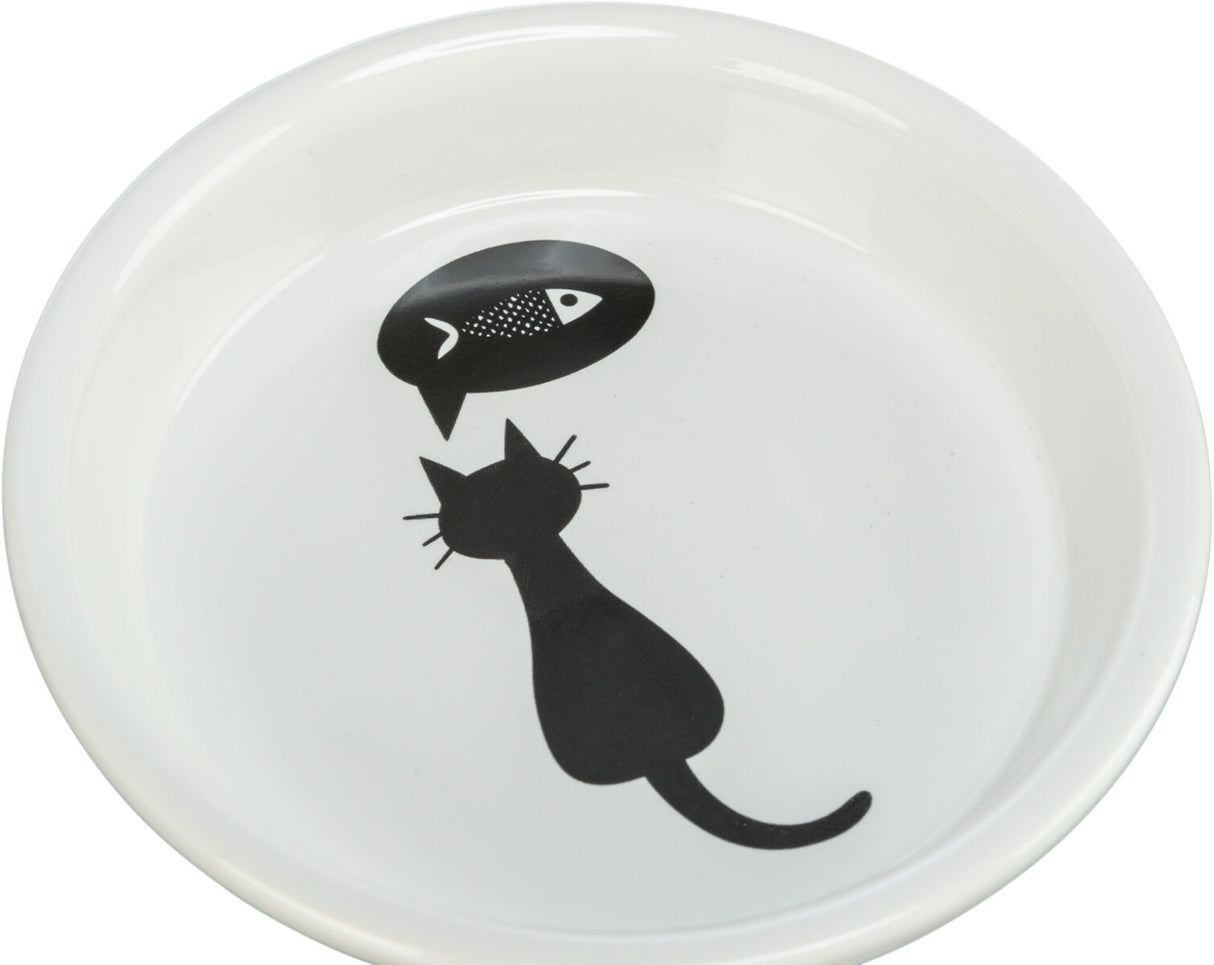 Weißer Napf mit schwarzem Katzenmotiv und Fischblase.