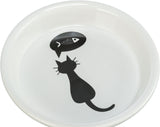 Weißer Napf mit schwarzem Katzenmotiv und Fischblase.