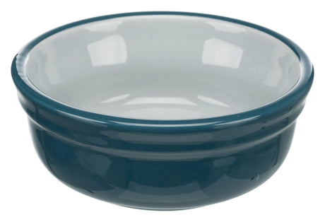 Runde Schüssel aus Keramik mit glänzendem, blauem Außenrand und weißem Innenbereich.