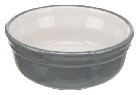 Runde, graue Schüssel mit weißer Innenseite, glatte Oberfläche und leicht reflektierendem Glanz.