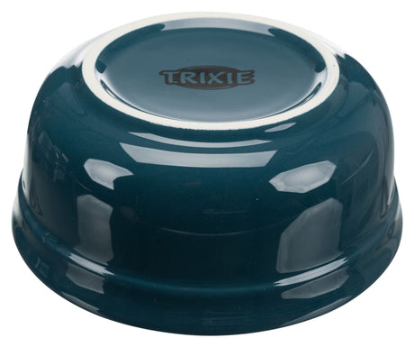 Blauer Napf mit glänzender Oberfläche, auf dem Boden ist der Text "TRIXIE" deutlich sichtbar.