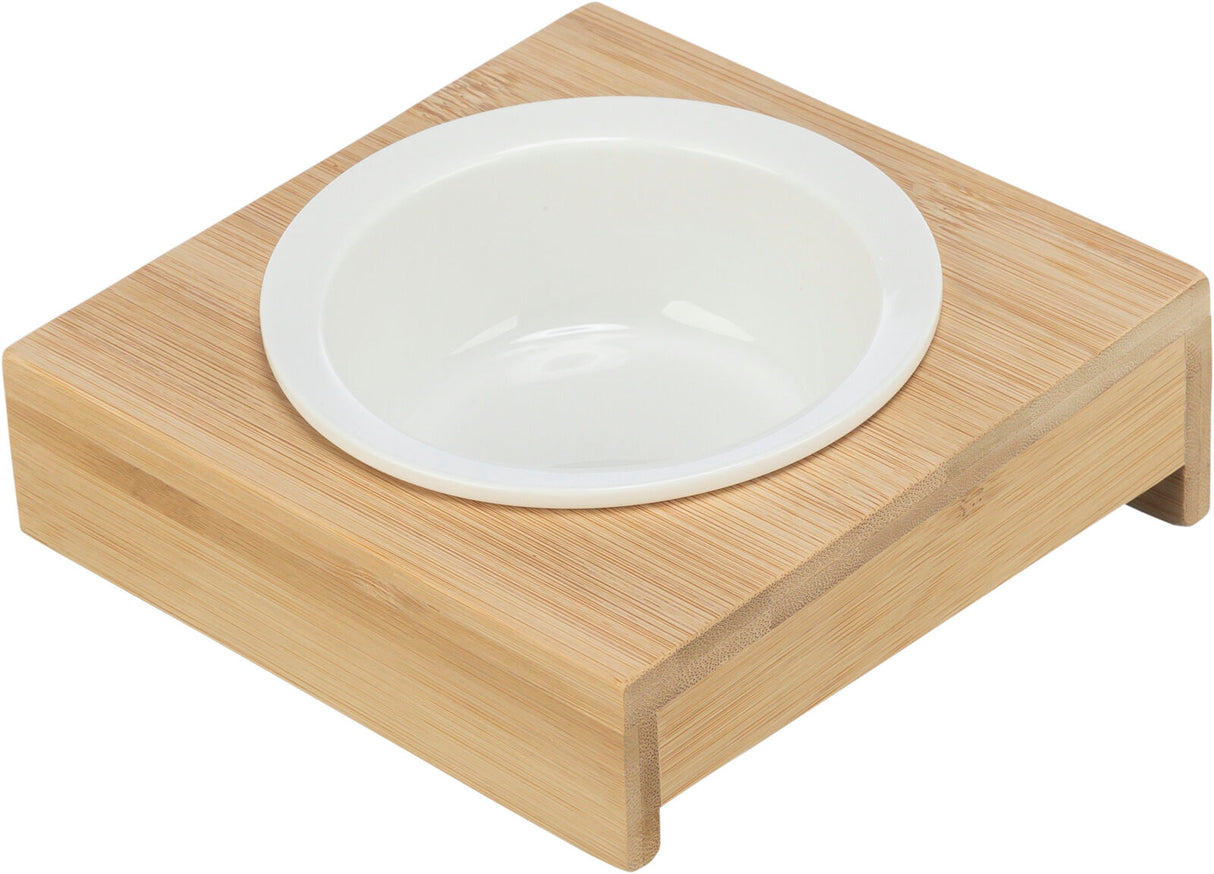 Weiße Schüssel in einem quadratischen, hellbraunen Holzhalter aus Bambus mit sichtbarer Holzmaserung.