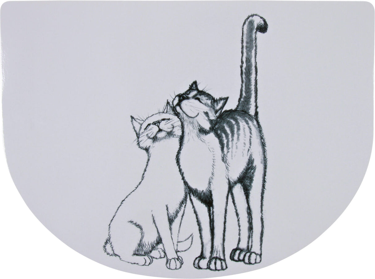 Zwei gezeichnete Katzen stehen eng beieinander, eine getigerte und eine helle, auf einem weißen Hintergrund.