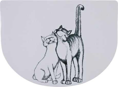 Zwei gezeichnete Katzen stehen eng beieinander, eine getigerte und eine helle, auf einem weißen Hintergrund.