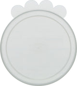Transparenter, runder Kunststoffdeckel mit fünf blattförmigen Ausbrüchen und eingeprägtem Text in der Mitte.