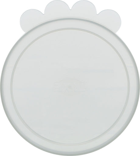 Transparenter, runder Kunststoffdeckel mit fünf blattförmigen Ausbrüchen und eingeprägtem Text in der Mitte.