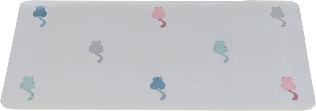 Weiße Unterlage mit farbigen Katzen-Silhouetten in Blau, Grün und Rosa, gleichmäßig verteilt.