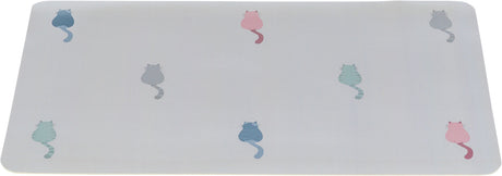 Weiße Unterlage mit farbigen Katzen-Silhouetten in Blau, Grün und Rosa, gleichmäßig verteilt.