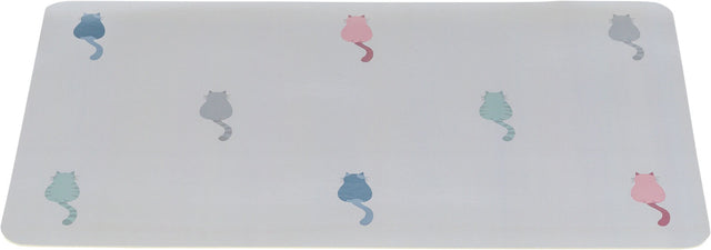 Weiße Unterlage mit farbigen Katzen-Silhouetten in Blau, Grün und Rosa, gleichmäßig verteilt.