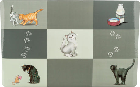 Illustrationen von Katzen, Maus und einer Milchflasche auf kariertem Hintergrund mit Tatzenabdrücken.