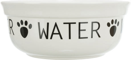 Weiße Schüssel mit schwarzem Text "WATER" und Pfotenabdrücken als Dekor um die Außenseite.