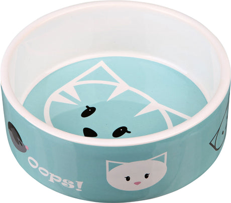 Hellblaue Schüssel mit Katzenmotiven und dem weißen Schriftzug "Oops!" auf der Außenseite.