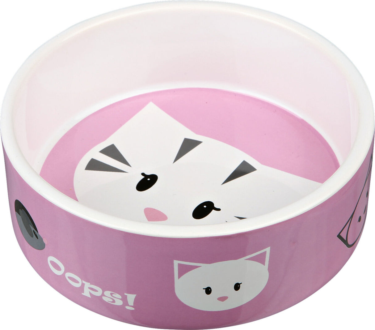 Rosa Napf mit Katzenmotiv und dem Text "Oops!" am Rand.