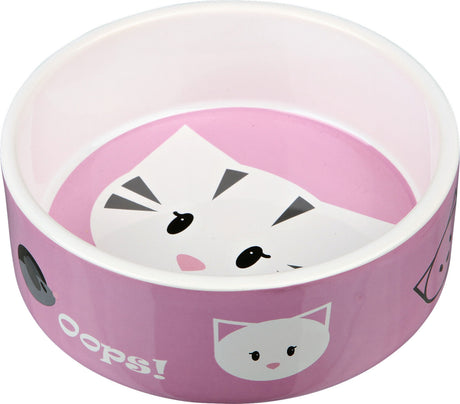 Rosa Napf mit Katzenmotiv und dem Text "Oops!" am Rand.