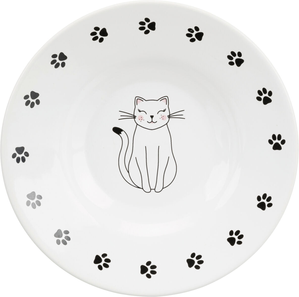 Weiße Schüssel mit Katzendesign in der Mitte und schwarzen Pfotenabdrücken am Rand.
