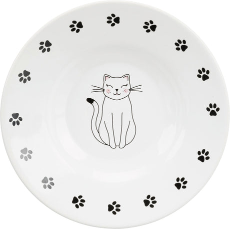 Weiße Schüssel mit Katzendesign in der Mitte und schwarzen Pfotenabdrücken am Rand.