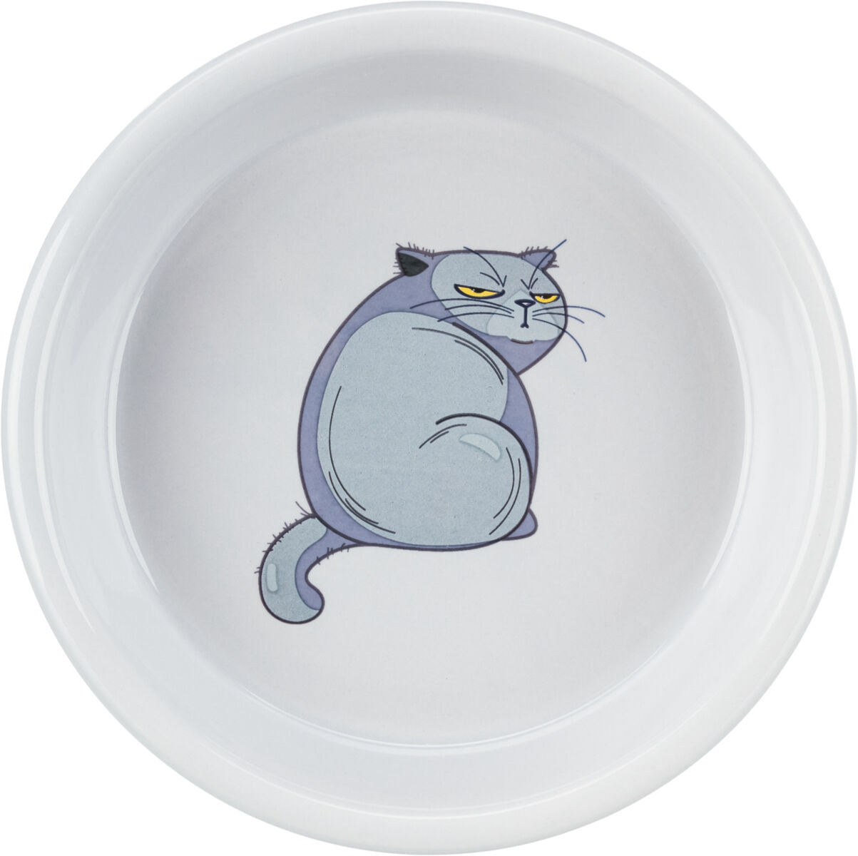 Weißer Teller mit einer Illustration einer sitzenden, grau-blauen, grimmig dreinblickenden Katze in der Mitte.