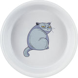 Weißer Teller mit einer Illustration einer sitzenden, grau-blauen, grimmig dreinblickenden Katze in der Mitte.