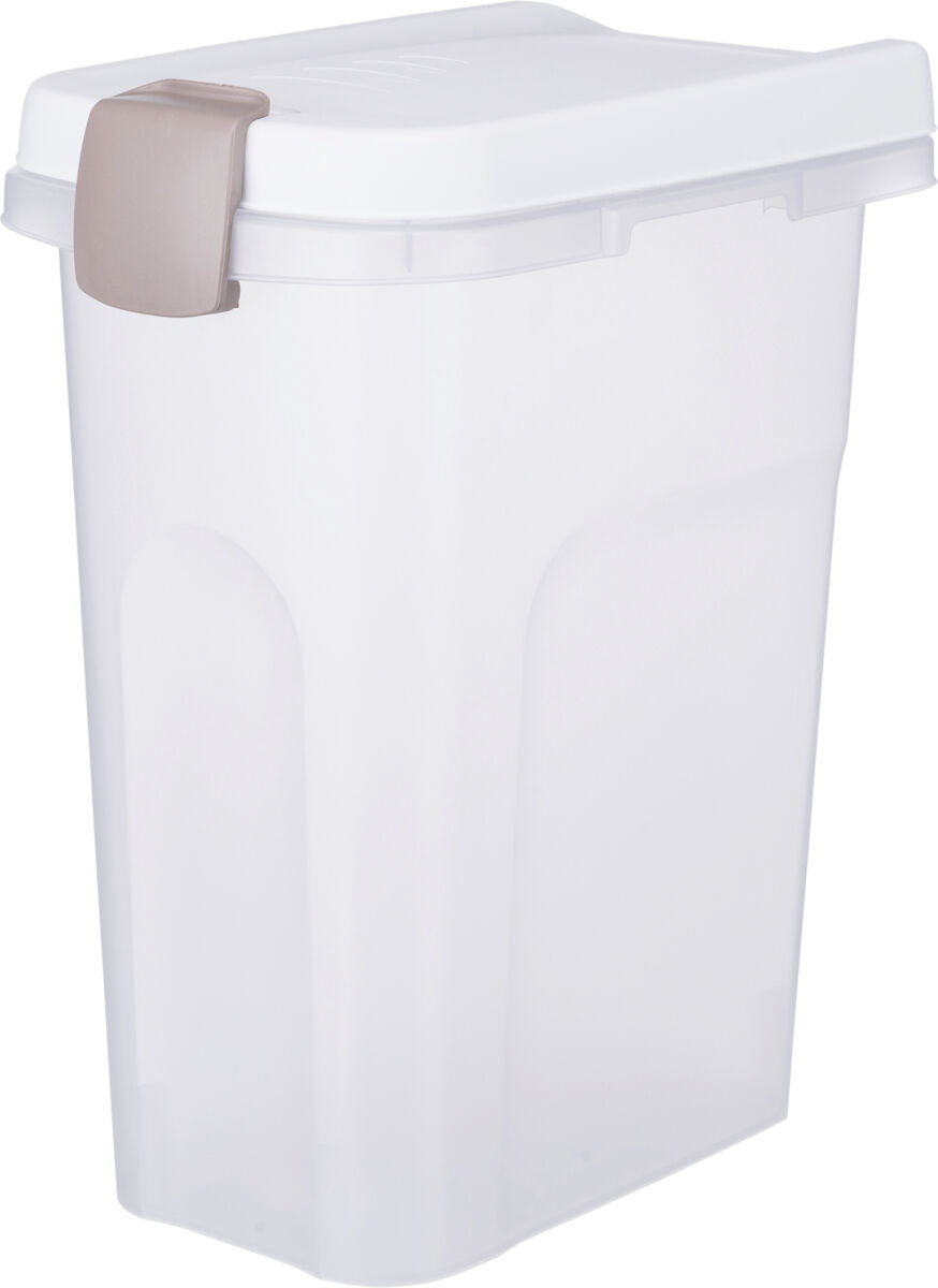 Transparente weiße Aufbewahrungsbox mit beige-farbenem Verschlussdeckel.