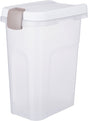 Transparente weiße Aufbewahrungsbox mit beige-farbenem Verschlussdeckel.