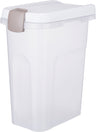 Transparente weiße Aufbewahrungsbox mit beige-farbenem Verschlussdeckel.