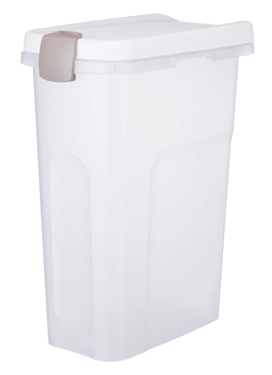 Plastik-Mülleimer mit weißem Korpus und abschließbarem Deckel, dezenter Verschluss in Beige oben links.