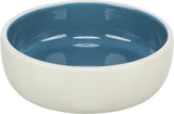 Keramikschale mit weißem Äußeren und blauer Innenseite, runde Form, glänzende Oberfläche.