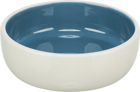 Keramikschale mit weißem Äußeren und blauer Innenseite, runde Form, glänzende Oberfläche.