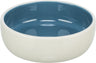Keramikschale mit weißem Äußeren und blauer Innenseite, runde Form, glänzende Oberfläche.