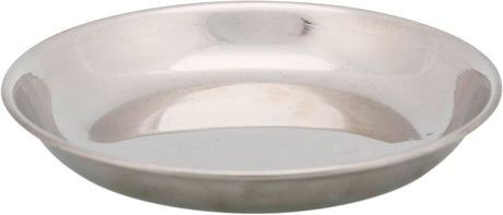 Runde, silberfarbene Metallschüssel mit glatter Oberfläche und leicht erhöhtem Rand.