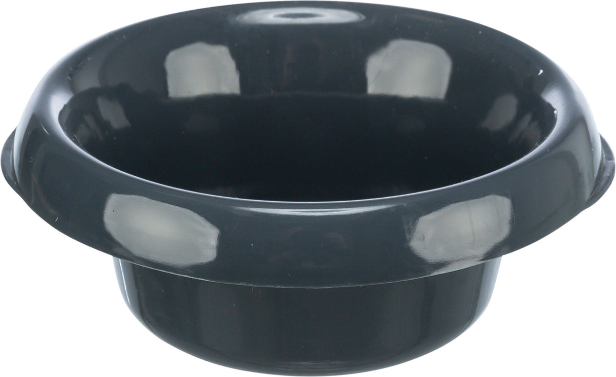 Schwarze, glänzende Schüssel mit breitem Rand und rundem Boden, leere und einfarbige Oberfläche.