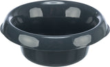 Schwarze, glänzende Schüssel mit breitem Rand und rundem Boden, leere und einfarbige Oberfläche.