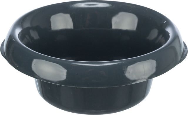 Schwarze, glänzende Schüssel mit breitem Rand und rundem Boden, leere und einfarbige Oberfläche.