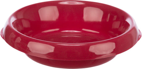 Rote, glänzende Plastikschale mit erhöhtem Rand und glatter Oberfläche.