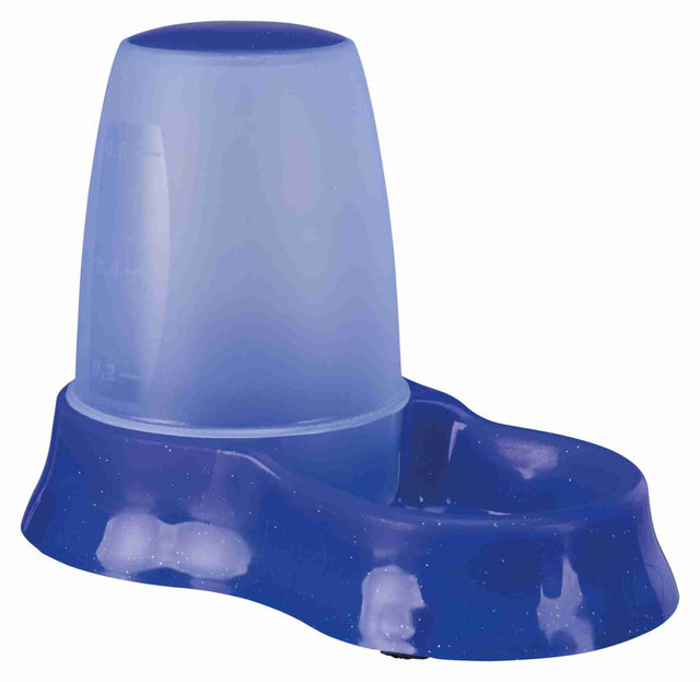 Kombinierter Futter- und Wasserspender in Blau mit durchsichtigem Behälter zur automatischen Nachfüllung.